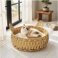PawHut Tierhaus Katzenbett Rattan Katzenhöhle mit abnehmbares Kissen, für Katzen bis 10 kg, 50 x 50 x 25 cm, Hellbraun