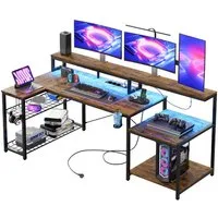 Bestier Gamingtisch 181 x 80 cm Computertisch, L-förmiger Schreibtisch (Gaming Tisch mit 3 AC-Steckdosen und 2 USB-Ladeanschlüssen, Tablett mit Ständer), Extra großer Computertisch mit großzügiger Monitorablage