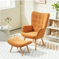 HOMCOM Relaxsessel Ohrensessel mit Hoher Rückenlehne, Holzbeine (Sessel mit Hocker, 2-St., Loungesessel), mit getuftetem Design, Cord-Optik, für Wohnzimmer, Braun