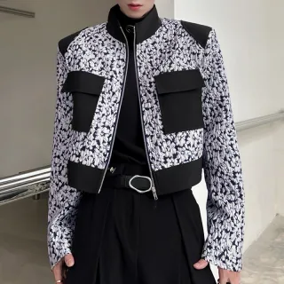 INCERUN Mens Floral Print Patchwork Jacket Crop Top Zipper Stand Collar Short Jackets for Men Large Size S-5XL