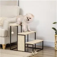 PawHut Haustiertreppe 3-stufige Katzentreppe Hundetreppe mit Kratzbrett und Spielball (Haustierleiter, 1-St., Tiertreppe), Cremeweiß+Schwarz 51 x 54 x 53 cm