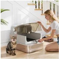 PawHut Katzentoilette Katzenklo mit Doppeltüren, Schaufel, Pedal, ausziehbares Tablett, für große Katzen bis zu 15 kg, 70x50x46,5cm Grau