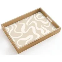 OnlyWow Tablett Rechteckig mit Henkel Linien - Abstrakt - Beige - Weiß - Minimalistisc, Eichenholz, (1-tlg), Siervierplatte, Tray, Frühstücksbrett