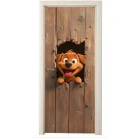 MuchoWow Türtapete Hund - Tiere - Animation - Holz - Modern, Matt, bedruckt, (1 St), Selbstklebende Tapete, Folie für Möbel, 75x205 cm