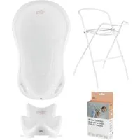 Hylat Baby Babybadewanne Badewannen-Set mit TÜV – Wanne, Sitz, Ständer, Ablauf, 4-tlg. Baby Bade-Set mit TÜV & Ablauf, Friends - Weiß