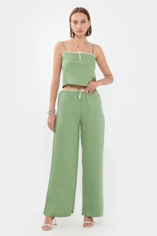 Gestreifte High-Waist gerade Beinform Schlafanzughose mit Gürtel Detail