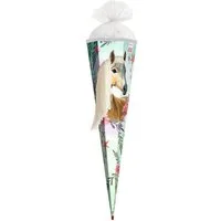 Roth Schultüte Pferd Bella, 85 cm mit Wollmähne, 6-eckig, Tüllverschluss, Glitzerborte