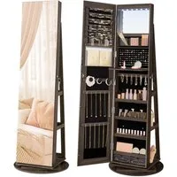 SONGMICS Schmuckschrank mit LED und Spiegel, 3 Ablagen, 360° drehbar