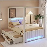 Flieks Polsterbett, Himmelbett 140x200cm mit Ausziehbett 90x190cm 3 Schubladen LED-Leiste