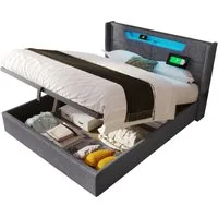 Flieks Polsterbett, LED Hydraulisches Doppelbett mit Stauraumkopfteil & Aufladen 140x200cm