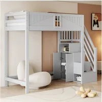 Flieks Hochbett Kinderbett 90x200cm mit Stauraumtreppe (Links und Rechts Austauschbar)