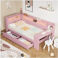 Flieks Daybett, Polsterbett 90x200cm mit 2 Schubladen, USB, LED und Schreibtisch