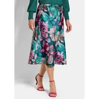 GOLDNER Schlupfrock Eleganter A-Linienrock, floraler Print Midirock aus schimmerndem Satin mit elastischem Bund, verschlusslos