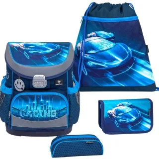 Belmil Schulranzen Set Jungen Racing Blue Neon (Motiv: Rennwagen) "Mini Fit" für kleinere Kinder, ab 1.Klasse Grundschule