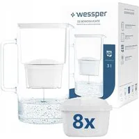 Wessper Kalk- und Wasserfilter aus Glas, D2 Borosilicate Glaskanne 3,0 L inkl. 8 AQUAMAX Kartuschen, Zubehör für : kompatibel mit Brita Maxtra, Maxtra +, Reduzier Kalk, Chlor sowie Schwermetalle, bis zu 200L pro Kartusche