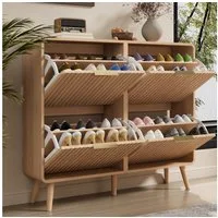 Merax Schuhschrank in Holzmaserung-Optik, Flurschrank mit Massivholzbeinen (105 x 24 x 90 cm, 1-St., Schuhregal für 18–24 Paar Schuhe) Schuhkommode mit Klapptüren, doppelstöckiges Design & Stauraum