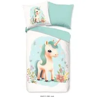 good morning Kinderbettwäsche One, Biber, Flanell, 2 teilig, Flanell, Biber, 135x200, Warm, Wende, Mädchen, Einhorn, Weiß, Türkis