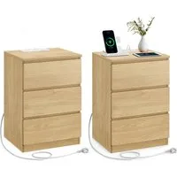 VASAGLE Nachttisch (2-St), 3 Schubladen, abgeschrägte Kante, 2 AC-Steckdosen, 2 USB-Anschlüsse