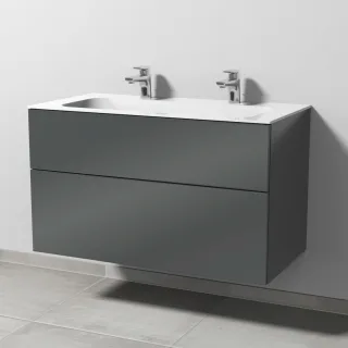 Sanipa 3way Keramik-Set Finion Keramik-Doppelwaschtisch und Unterbau mit 2 Auszügen, Anthrazit-Glanz SF40379