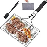 Refined Living Grillguthalter Grillkorb Edelstahl faltbar Fisch Gemüse Grillgitter mit Tasche,Bürste, Edelstahl, Antihaft-Beschichtung, (Fischgrillkorb, BBQ Grillkorb faltbar, Grillkorb mit Holzgriff, Grillzubehör Fisch Gemüse, Edelstahl Grillgitter,