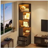 Flieks Bücherregal Standregal Eckregal mit LED-Beleuchtung und 6 Ebenen/5 Ebenen, B63,5/T45/H180 cm 1-tlg., Eckbücherregal mit 4 Fächer&2 Schubladen L-Form Hochschrank Nussbaum