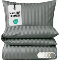 Carpe Sonno Bettwäsche Damast 135x200 155x220 Hochwertige Hotel Baumwoll Bettwäsche gestreift, Damast, 2 teilig, Bettwaren Set 155 x 220 Bettbezug mit Reißverschluss - Dunkel Grau
