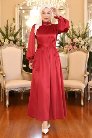 Perlen Satin Abendkleid Burgunderrot