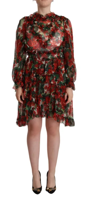 Dolce & Gabbana Damen Multicolor Rotes Blüten-Seiden-Langes Maxi-Kleid