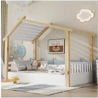 Merax Kinderbett 90x200cm im Holzhausdesign (1-tlg), Kieferholz Hausbett mit stabilem Lattenrost & schlichtem Design