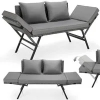 TLGREEN Gartenbank mit Liegefunktion, Wetterfest UV-beständig Rattan Gartensofa (2 Personen Einfache Umwandlung, Polyrattan Sitz-Liege 2-Sitzer Abnehmbare Kissenbezüge), Grau/Beige – Platzsparend & Stabil