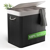 NewHabitat Wäschekorb Bambus Wäschekorb 3 Fächer, 150L Wäschesammler mit Deckel & Sack