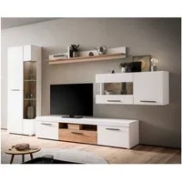 Lomadox Wohnwand SUTTON-61, (4-St., Vitrine Beleuchtung Lowboard Wandboard Wandvitrine Beleuchtung), weiß Front matt Eiche mit 205 cm Lowboard modern inkl. Beleuchtung