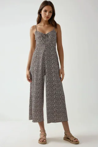 Weites Beinförmiger Floral Strick-Overall mit V-Ausschnitt