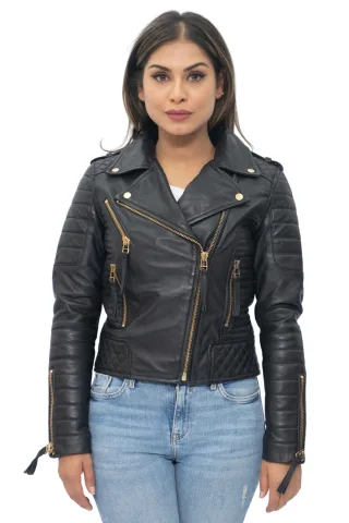 Gesteppte Vintage-Brando-Bikerjacke für Damen aus Leder in Lusaka