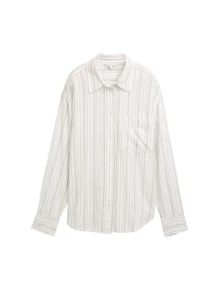 Denim Tom Tailor - Oversized Hemd mit Leinenanteil white olive vertical stripe - Gr. - M