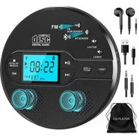 Greadio mit Bluetooth & Akku, FM Transmitter fürs Auto Audio, Schwarz CD-Player (Tragbar, Wiederaufladbar, Anti-Rutsch- & Stoßschutz, Sleep-Timer, Breite Formatkompatibilität)