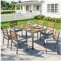 Outsunny Garten-Essgruppe Sitzgarnitur mit 1 Esstisch, 6 Stühlen, Kissen, (Gartenmöbel-Set, 7-tlg., Sitzgruppe), für Terrasse, Naturholz