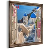 MuchoWow Metallbild Fensterblick - Fenster - Santorini - Landschaft - Blau - Griechisch, Inkl. Aufhängung, Alu-Dibond-Druck, Wandbild aus Metall, Aluminium deko, 20x20 cm