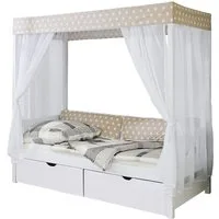 Ticaa Himmelbett Himmelbett "Beige" 310 Kiefer Weiß (Beige/Weiß, Oberer Teil abnehmbar und als Einzelbett stellbar