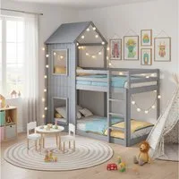 Flieks Etagenbett, Hochbett mit Treppe Hausbett Kinderbett 200x90cm Kiefer