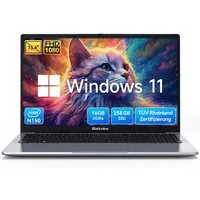 blackview Intel N150 15.6" FHD Laptop 256/512GB Win 11 Notebook (Intel N150 Intel Twin Lake N150, 16 GB, 01 GB SSD, 180° Drehung/Low Blue Light-Zertifizierung/Deutsche Tastaturaufkleber)