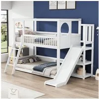 Flieks Etagenbett, Massivholz Kinderbett Hausbett mit Rutsche und Leiter 90x200cm