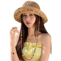 Zaewry Strohhut Sonnenhut Sommerhut Strandhut Straw hat, Damen faltbar, Einheitgröße Verziert mit bunten Holzperlen – Bohemian-Stil, UV-Schutz