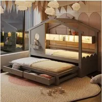 Flieks Kinderbett, Hausbett 90x200cm Ausziehbett 90x190cm Schubladen Aufladen Lichtleiste