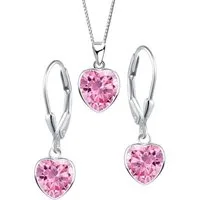 Limana Schmuckset Kinder Mädchen 925 Silber Kette mit Ohrringe Herz rosa, Geschenk Mädchen Ohrhänger Kinderschmuck Halskette Echtschmuck