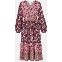 Himalaya Clothing Maxikleid Kleid Damen mit verspieltem Blumenprint - Blusenkleid aus Viskose Weiches, fließendes Maxikleid für kühlere Tage