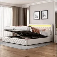 Flieks Polsterbett, LED-Beleuchtung Kunstleder Doppelbett Stauraum 180x200cm