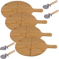*Alpina* Pizzaschneidebrett Schneidebrett ca. 34cm Echtholz Bambus, 4x Brett + 4x Pizzaschneider