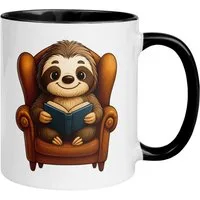 Momentals Tasse Faultier – „Sessel und Buch“ – lustiger Geschenk Becher für Leseratten, Gratis Versand · Links-&Rechtshänder · Spülmaschinenfest