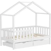 ML-DESIGN Spielbett Hausbett Kinderbett inkl. 2 Schubladen, Lattenrost und Rausfallschutz, Abenteuerbett 70x140cm Haus Bett Himmelbett Kiefer Jugendbett Weiß